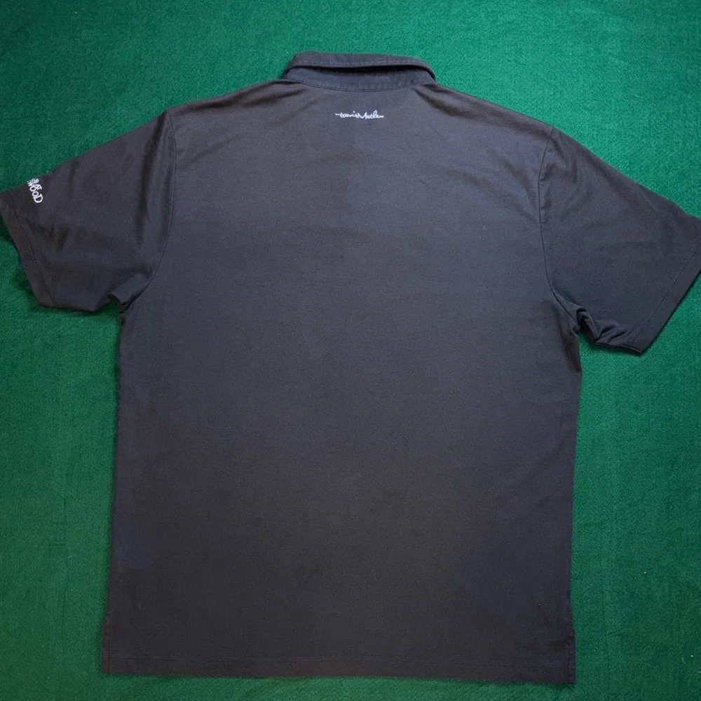 Travis Mathew Black Polo with Blue and Gray Stripes